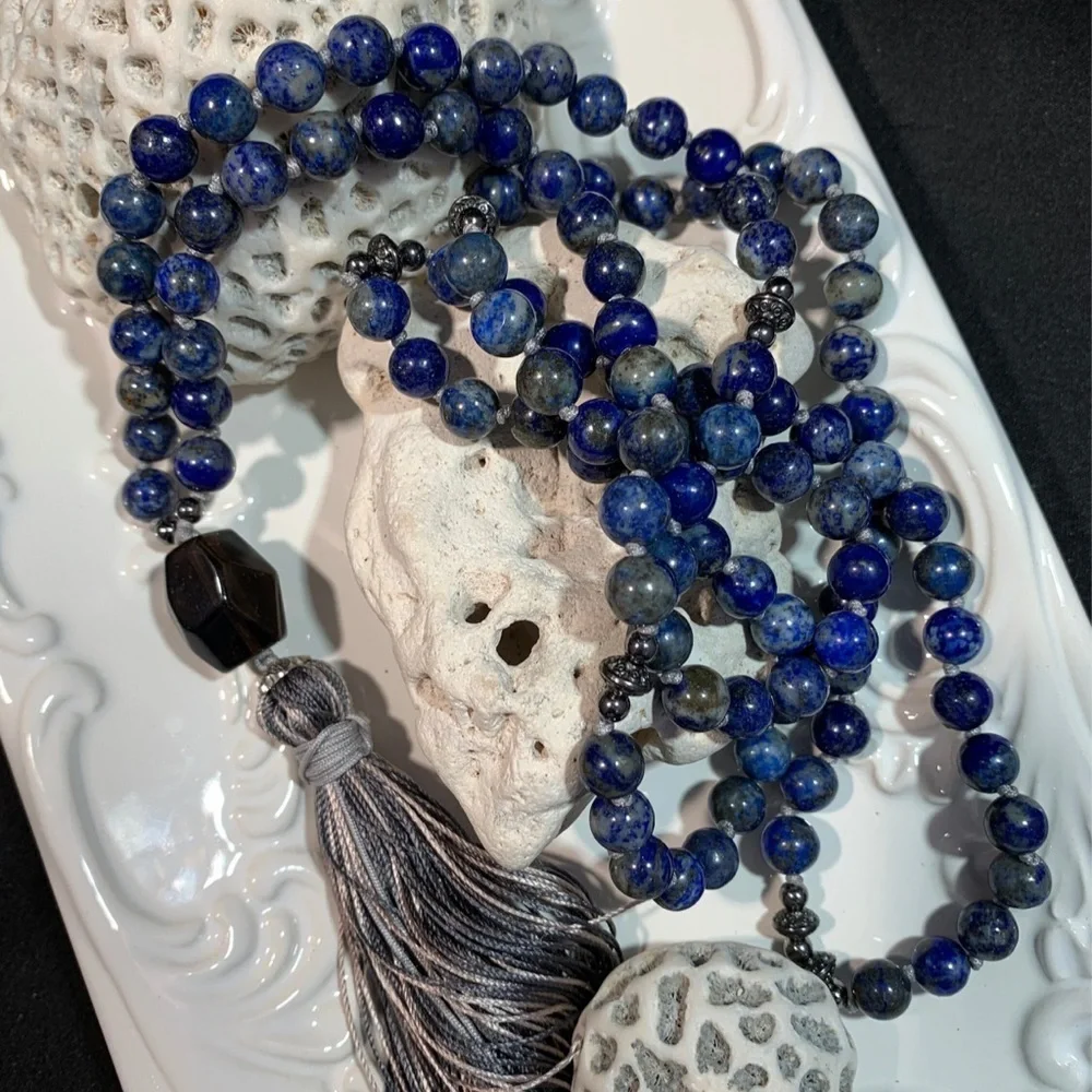 Handmade Silk Thread Knotted Lapis Lazuli Mala 108 / Yoga Meditation Necklace - Picture 7 of 8